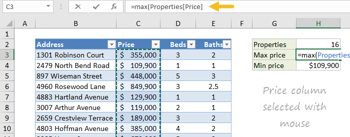 Enter structured references by selecting