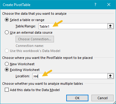 Create Pivot Table window