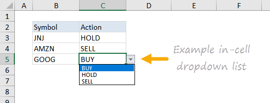 Example data validation dropdown menu