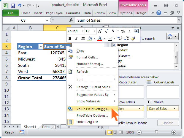 Setting format directly on a value field