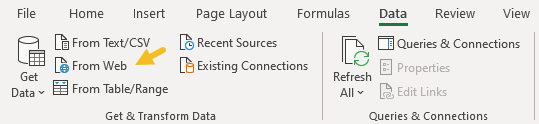 Click From Web on the Data tab of the ribbon