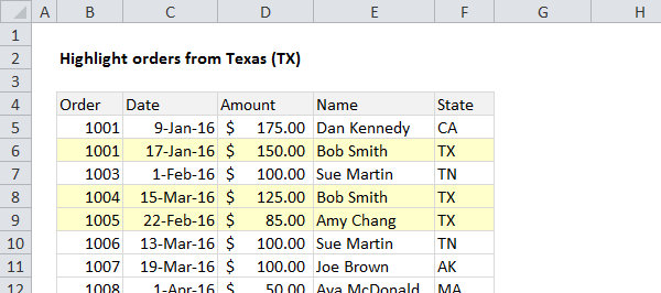 Use a formula to highlight rows where state = "TX"