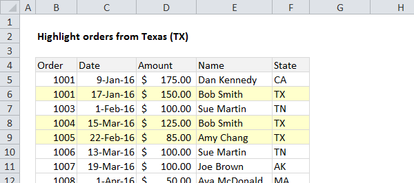 Use a formula to highlight rows where state = "TX""TX"