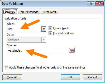 Using a named range for data validation with list