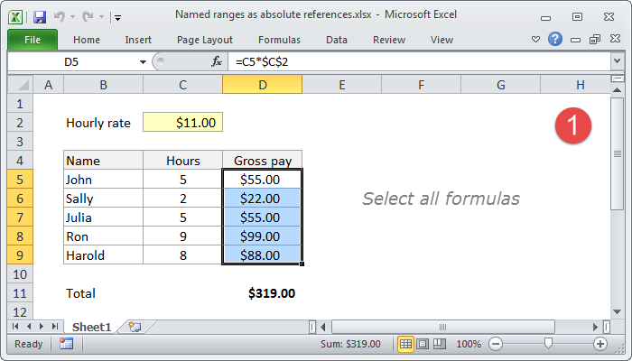 Select all formula cells to apply named range to