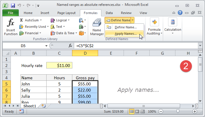 Apply names on Formulas tab of ribbon