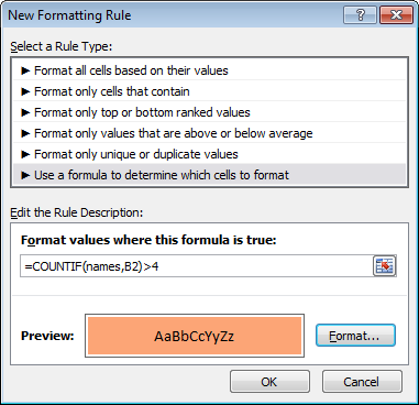 CF formula to count duplicates that appear at least 5 times