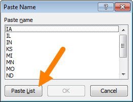 Paste names dialog box