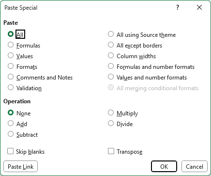Paste Special dialog box