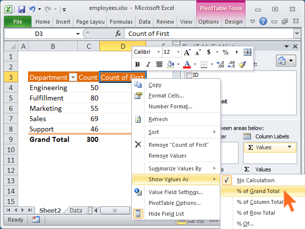 Setting a field to show percent of total