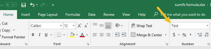 Ribbon - cell format is set to Text