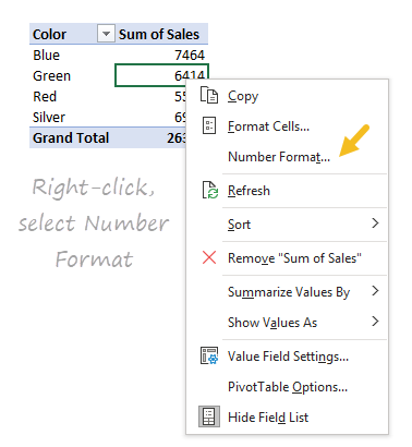 Right-click and select Number Format