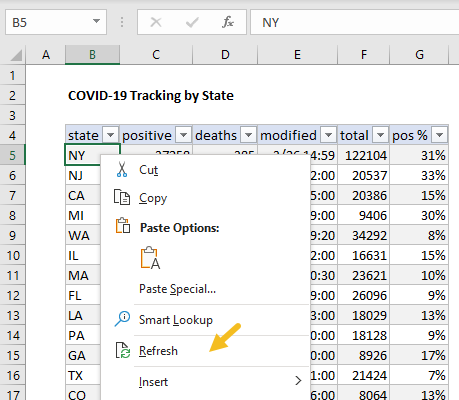 Right click table and select refresh