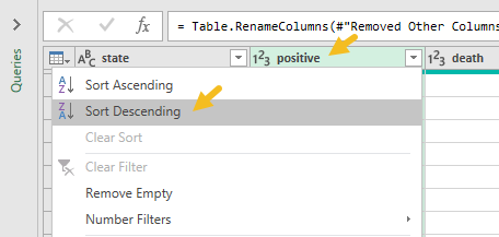 Sort data by the "positive" column in descending order