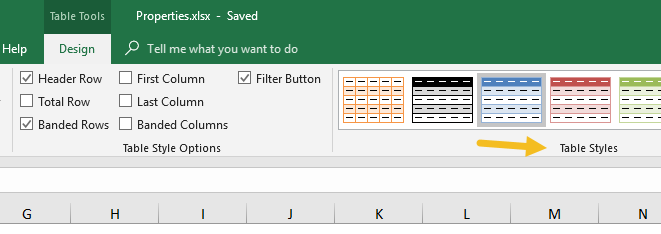 Change table formatting with table styles menu