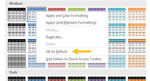 Set a table style as default