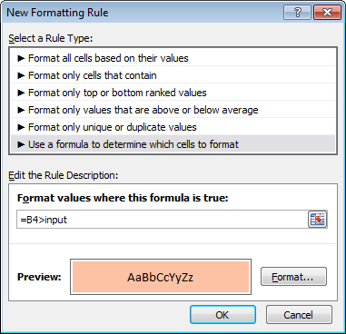 CF formula compares values to named range "input"