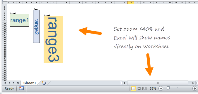 At zoom level <40%, Excel will show range names