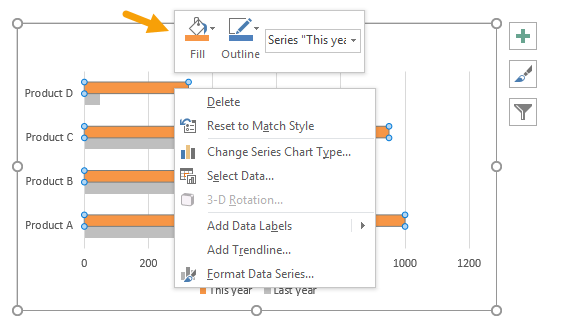 Right click data series and use fill tool to change color