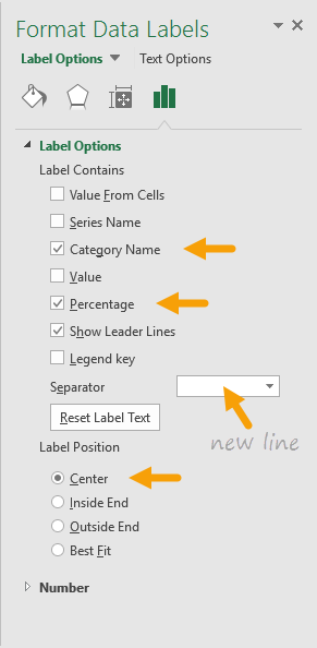 Format data labels to show category name and percentage