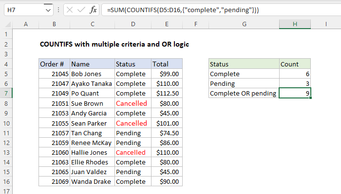 Excel Formula Countifs With Multiple Criteria And Or Logic Exceljet