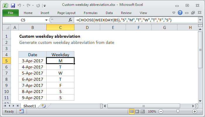 Excel Formula Custom Weekday Abbreviation Exceljet
