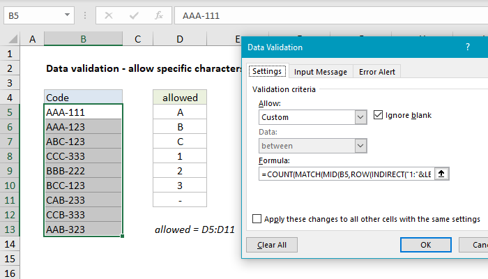 Excel formula: Data validation specific characters only