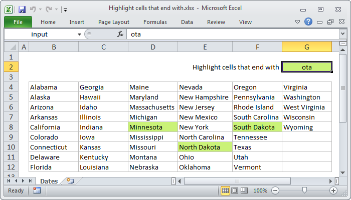Excel formula: Highlight cells that end with