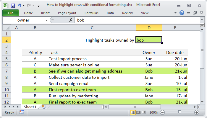 Excel formula: Highlight entire rows