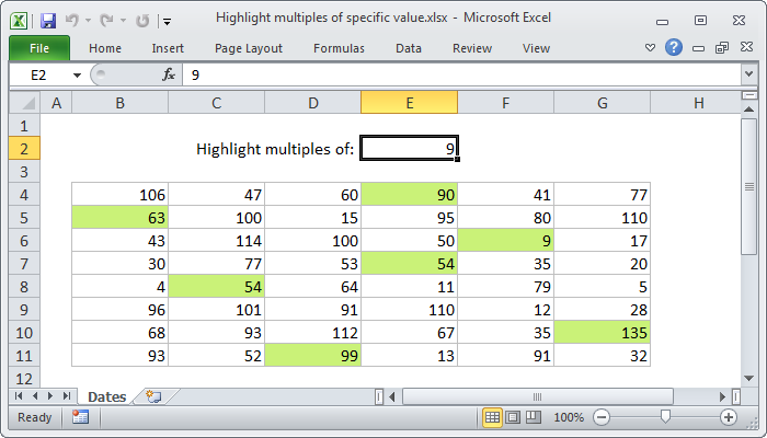 Excel formula: Highlight multiples of specific value
