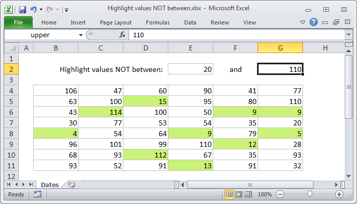 Excel formula: Highlight values not between X and Y