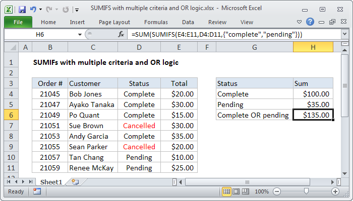 Excel Formula Sumifs With Multiple Criteria And Or Logic Exceljet