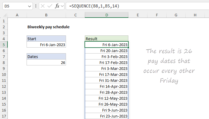 Excel formula: Biweekly pay schedule