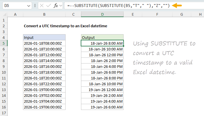 Excel formula: Convert UTC timestamp to Excel datetime