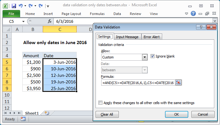 Excel formula: Data validation only dates between