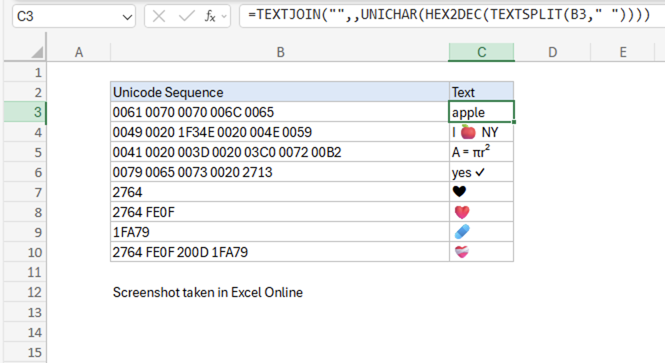 Excel formula: Encode Unicode sequence into text