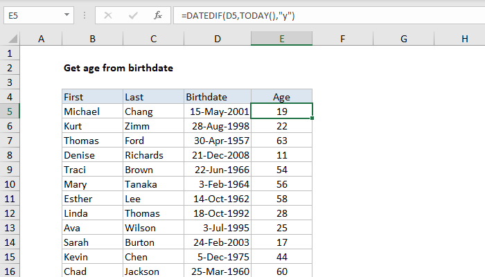 Excel Formula Get Age From Birthday Exceljet