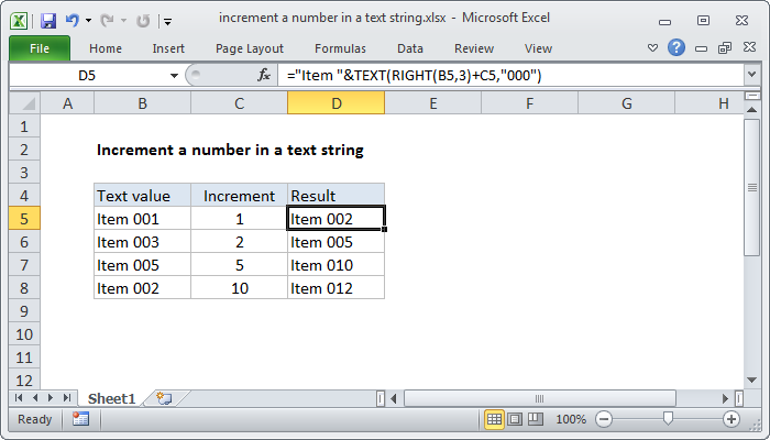 Excel Formula Increment A Number In A Text String Exceljet