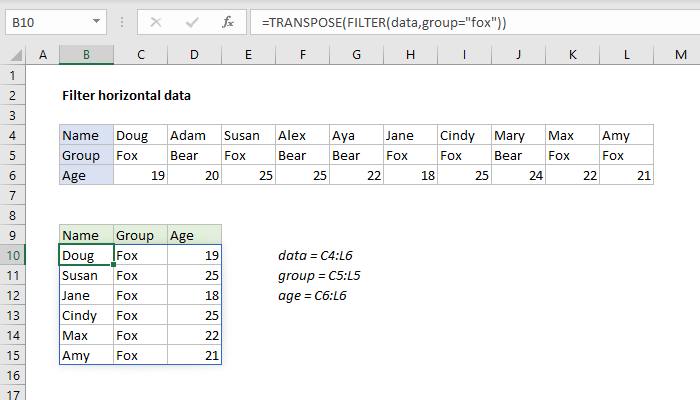 FILTER and TRANSPOSE horizontal data