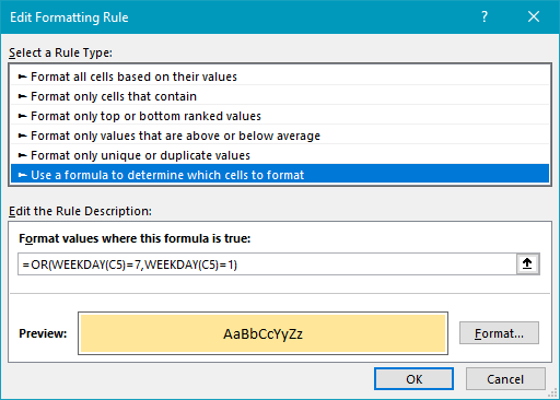 Conditional formatting rule to highlight weekends