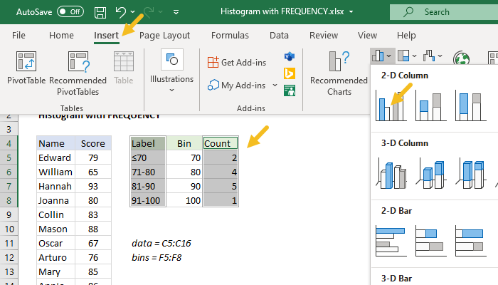 Inserting a clustered column chart