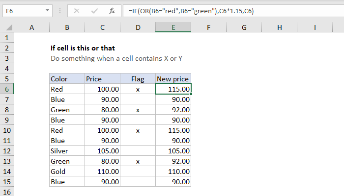 IF function example - increase price if color is red or green