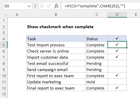 If function with char function and wingdings to display checkmark