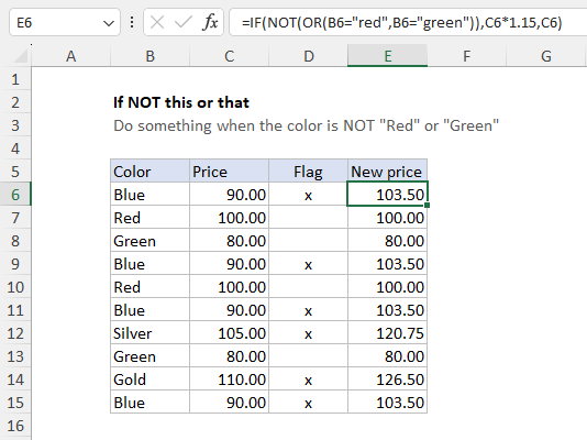 Increase price if color is NOT red or green