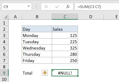 How to fix the #NULL! error - Excel formula | Exceljet