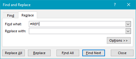 Clear REF errors with find and replace