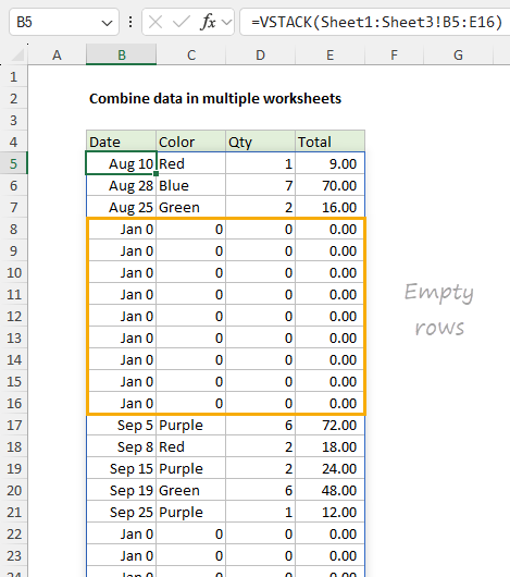 Output from VSTACK may contain empty rows 