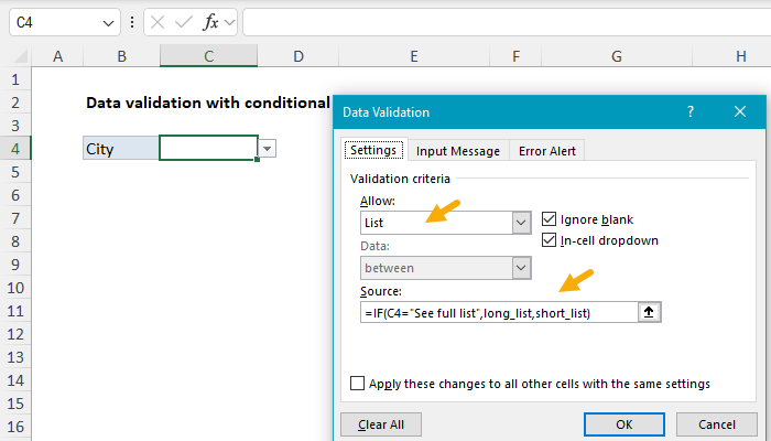 Data validation with conditional list set up