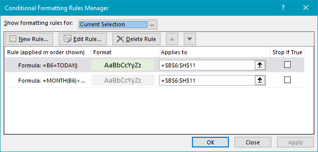 Conditional formatting rules for dynamic calendar