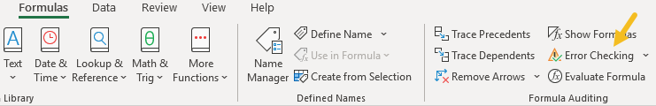 Error checking menu on Formulas tab of ribbon